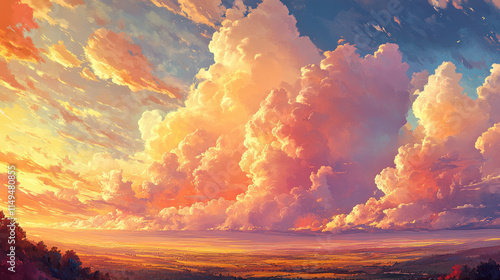 A cinematic view of a vibrant sky filled with billowing cumulus clouds, taken from a low angle perspective, showcasing the dramatic interaction of sunlight and shadow, soft highlights creating an ethe photo