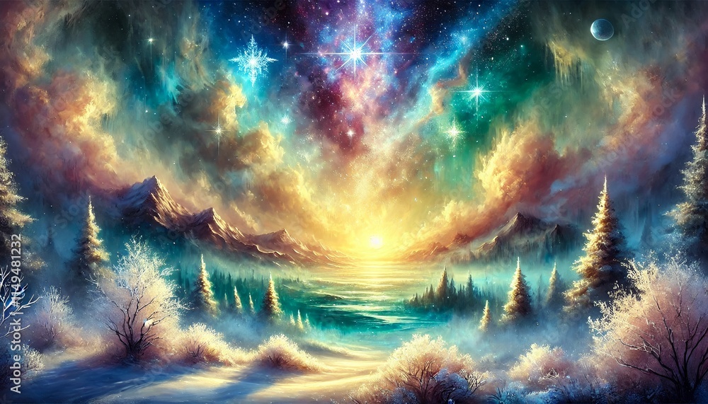 Fototapeta premium Fantastical Winter Sky with Bright Starry Night and Warm Ethereal Glow in Contrast