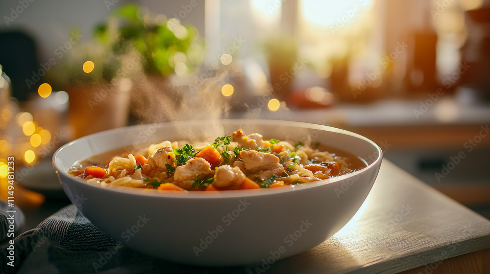 Steaming bowl of chicken noodle soup with vegetables on a sunny kitchen counter Steaming bowl of chicken noodle soup with vegetables on a sunny kitchen counter