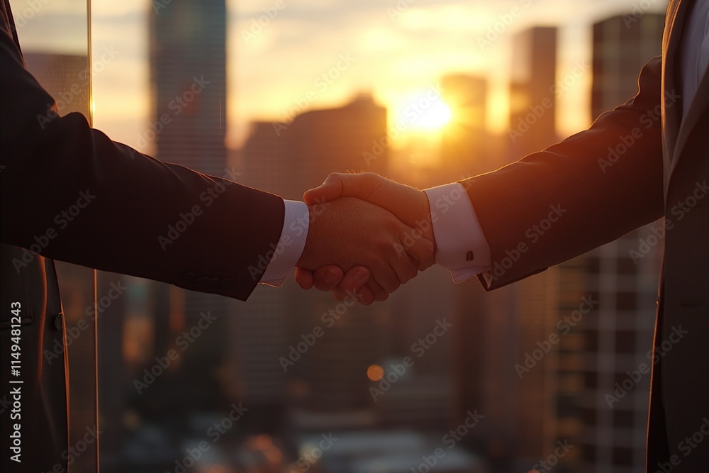 Business Partners Shake Hands at Sunset, Sealing Deal, Cityscape Background, Successful Agreement, Golden Hour, Urban Setting. Business Partners Shake Hands at Sunset, Sealing Deal, Cityscape Background, Successful Agreement, Golden Hour, Urban Setting.