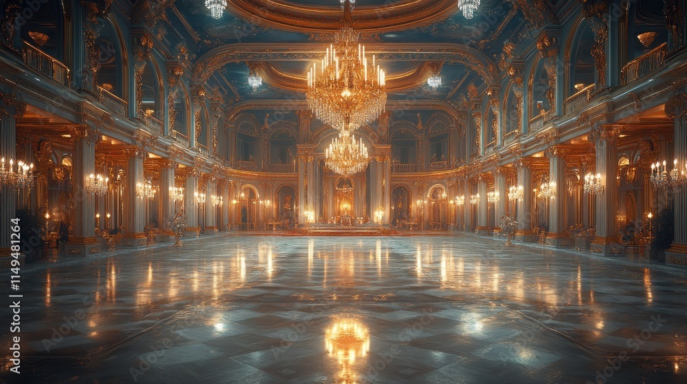 Obraz premium Grand ballroom; ornate gold, glittering chandeliers.