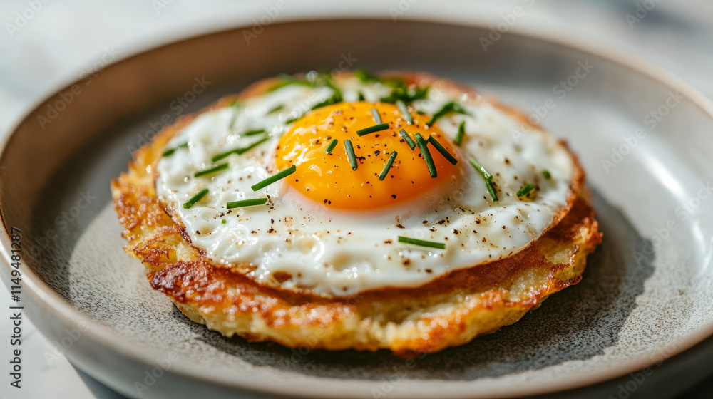 Crispy potato rösti with sunny-side up egg and fresh chives Crispy potato rösti with sunny-side up egg and fresh chives