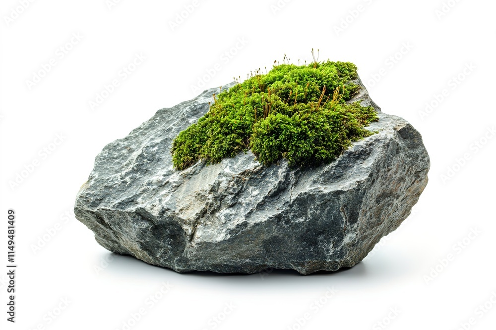 piece of mountain stone with moss on it isolated on white background clean and simple design with copy space around piece of mountain stone with moss on it isolated on white background clean and simple design with copy space around