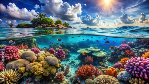 Fototapeta Naklejka Na Ścianę i Meble -  Panoramic View of Giant Coral Reefs in Crystal Clear Shallow Water