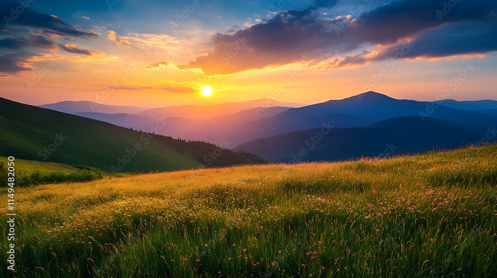 Sunset Over Mountain Ranges And Grassy Meadow Sunset Over Mountain Ranges And Grassy Meadow