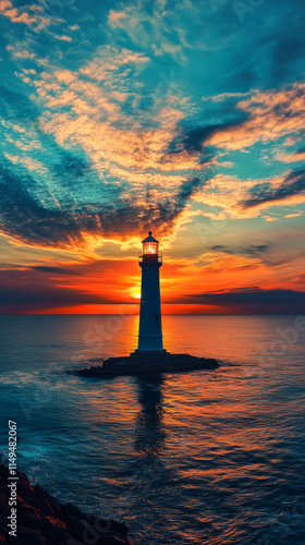 Majestic lighthouse at sunset over calm ocean waters photo