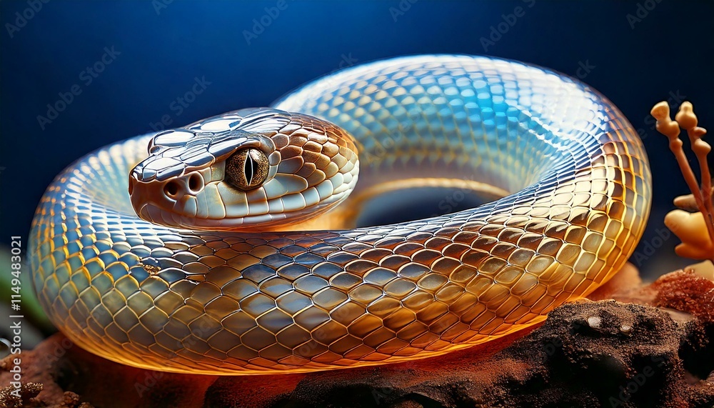 Fototapeta premium A vibrant, iridescent snake symbolizing the Year of the Snake 2025, blending traditional New Year themes with modern, surreal aesthetics in a colorful and festive setting.