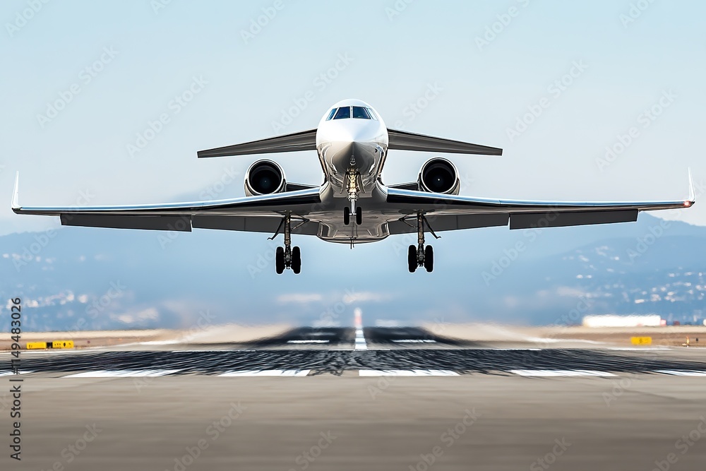 Naklejka premium stock photo of modern airplane taking off from airport runway with engines thrusting aircraft into air