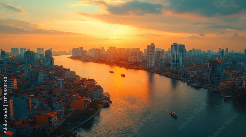 Naklejka premium Vibrant sunset over cityscape with river and boats.