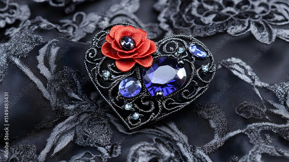 Fototapeta premium Heart-Shaped Brooch Illustration: Red Flower and Blue Gemstones