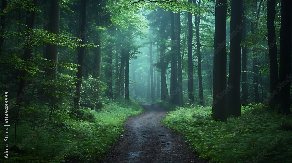 Fototapeta premium Misty Forest Path Winding Through Lush Green Trees