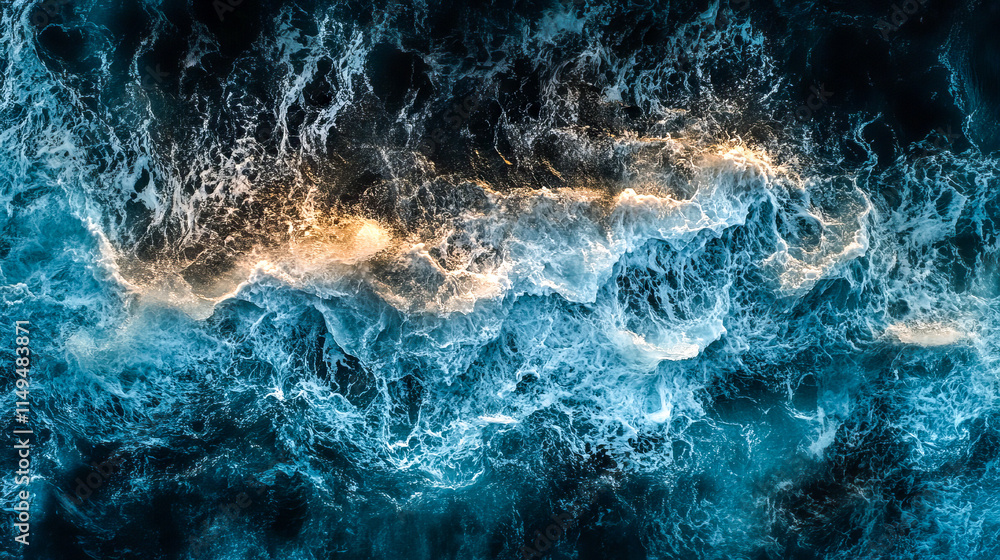 Aerial view of dramatic ocean waves with sunlight reflections Aerial view of dramatic ocean waves with sunlight reflections