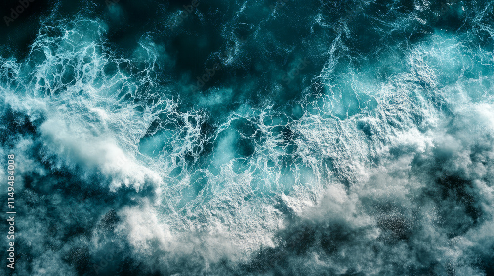 Powerful ocean waves crashing against rocky shoreline in dynamic aerial view Powerful ocean waves crashing against rocky shoreline in dynamic aerial view