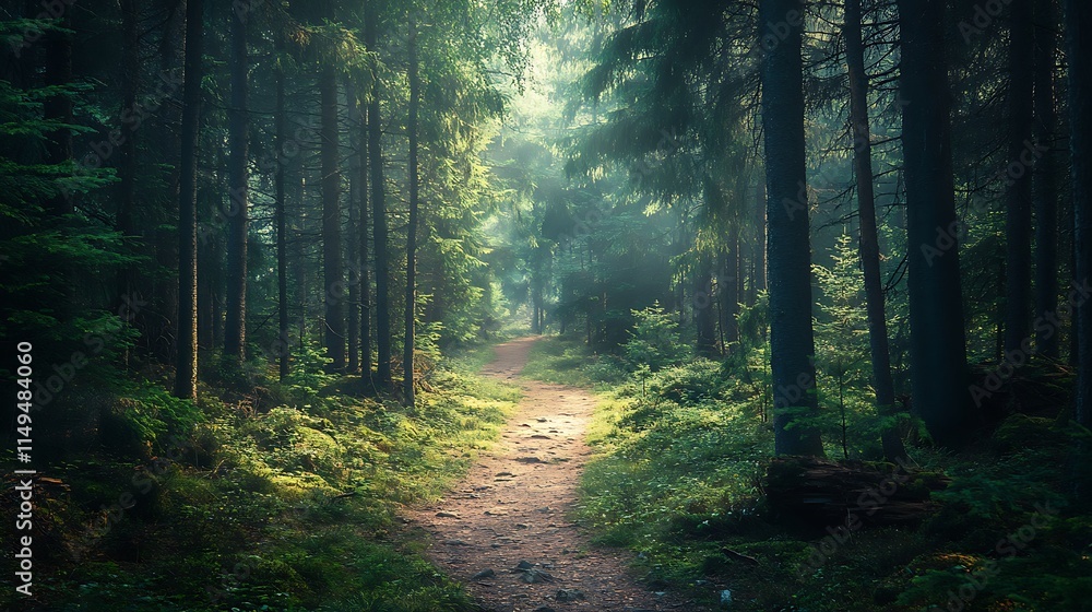 Fototapeta premium Sunlit Path Through A Misty Green Forest