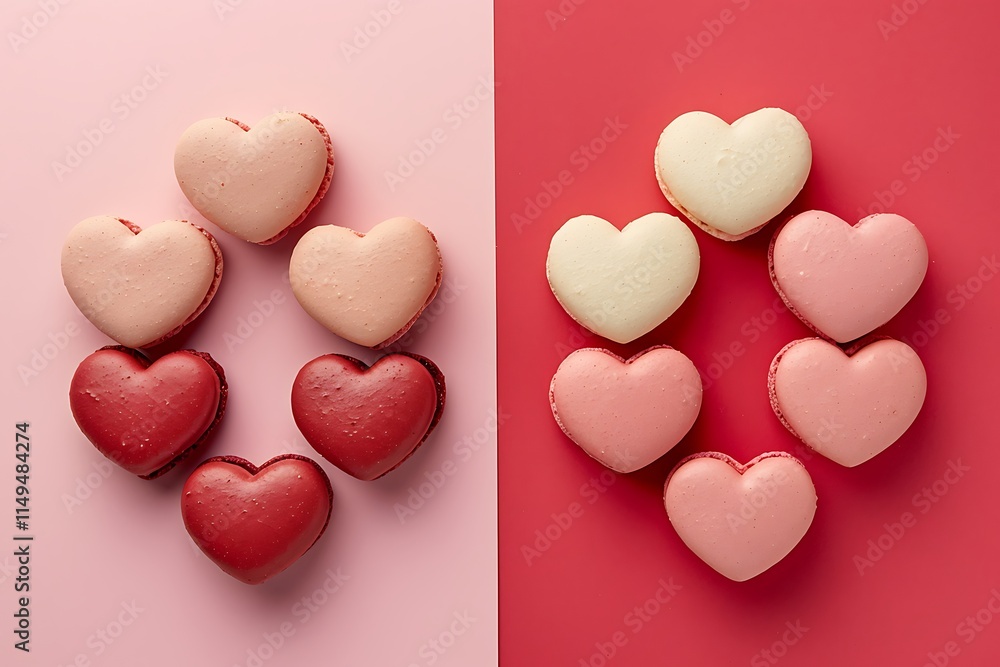 Obraz premium Colorful Heart-Shaped Macarons on Pink and Red Backgrounds