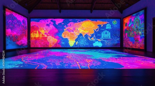 Vibrant Digital World Map Projection in Modern Exhibition Space