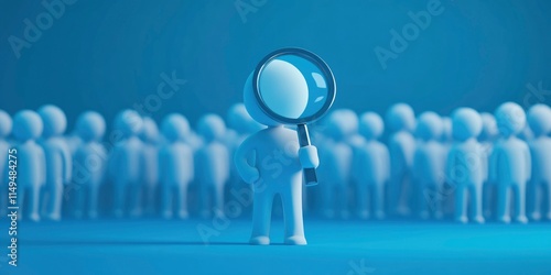 A man is looking through a magnifying glass at a crowd of people