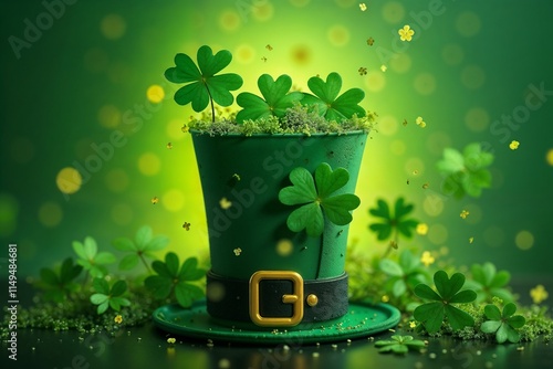 Traditional leprechaun hat with shamrocks and gold glitter on mystical green background photo