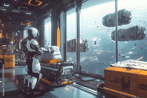 futuristic cargo handler moving supplies on space station using robotic exosuit photo