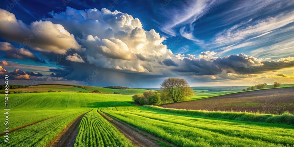Fototapeta premium Spring Landscape Photography: Green Fields, Winter Crops, Cloudy Sky