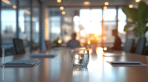 Modern Office Meeting Room, Natural Light, Empty Conference Table with Glass of Water