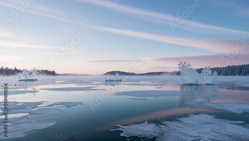 Serene winter landscape with frozen lake and snowflakes reflected in the water at dawn
