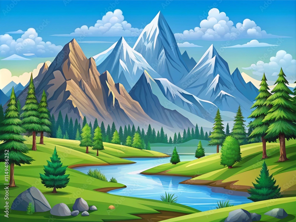 Fototapeta premium Illustration Of Cartoon Style Mountains Landscape