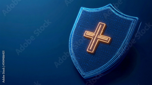 Illuminated shield with cross on textured blue background photo