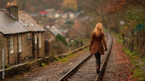 Young woman walking along a railway track in a quaint countryside setting Stock Photo with side copy space photo