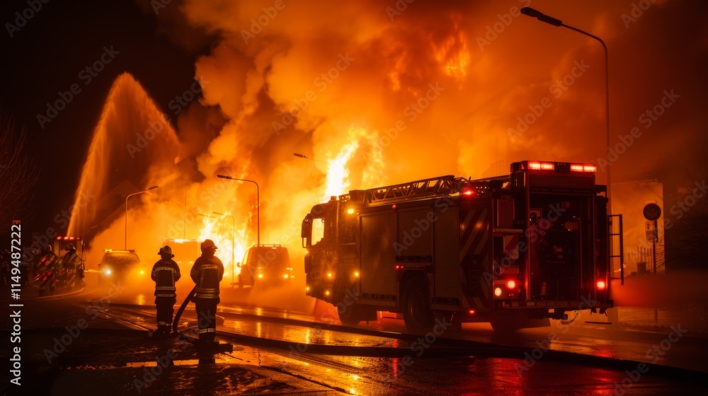 Obraz premium Emergency Response to Fire Incident at Night