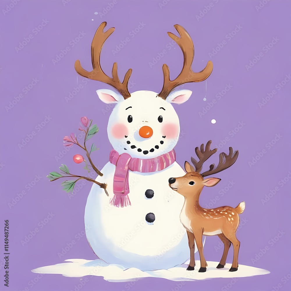 Snowy Winter Scene: A Snowman and a Deer Together Snowy Winter Scene: A Snowman and a Deer Together