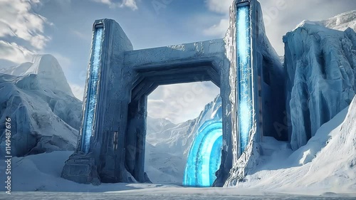 majestic sci-fi fantasy scenery, ice gate warp portal to another place