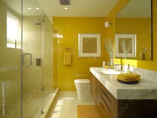 Modern Yellow Bathroom With Glass Shower And Marble Vanity