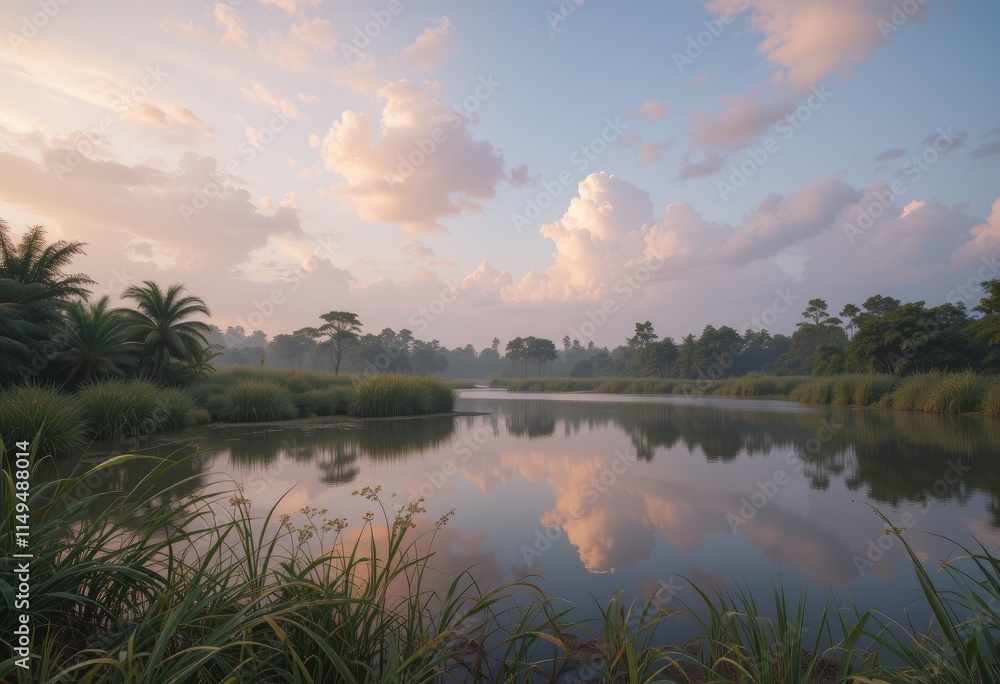 Fototapeta premium Sunset and Sunrise Over a Calm Lake with Reflections and Scenic Nature Views