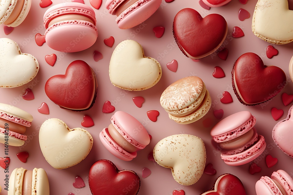 Fototapeta premium Colorful Macarons and Heart Shapes on Soft Pink Background
