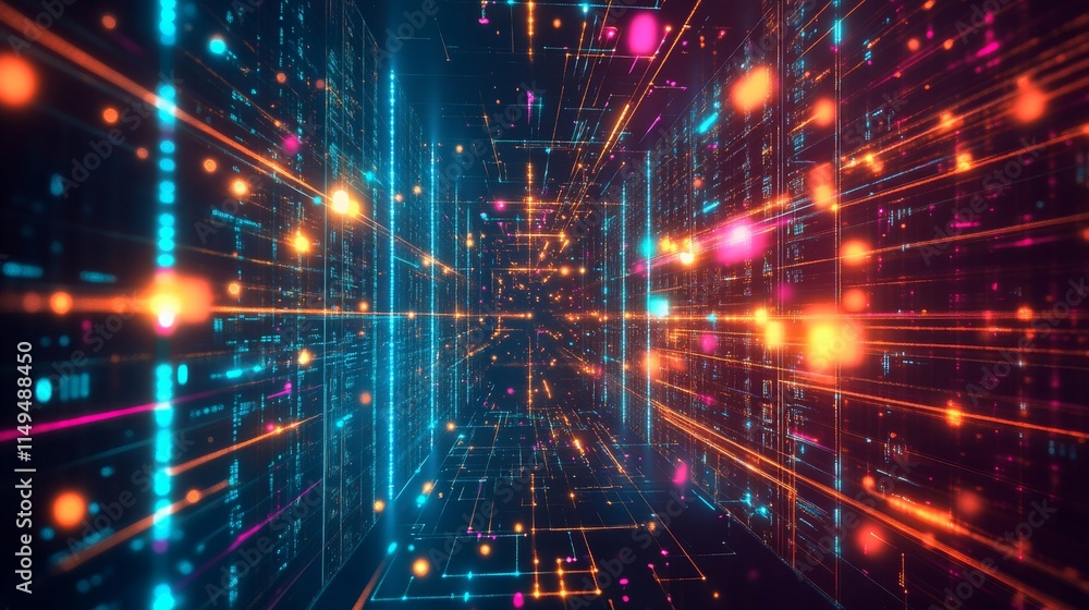 Futuristic Digital Background with Glowing Lines and Bright Particles in a High-Tech Space Illustrating Data Transfer and Technology Advancement Concepts Futuristic Digital Background with Glowing Lines and Bright Particles in a High-Tech Space Illustrating Data Transfer and Technology Advancement Concepts