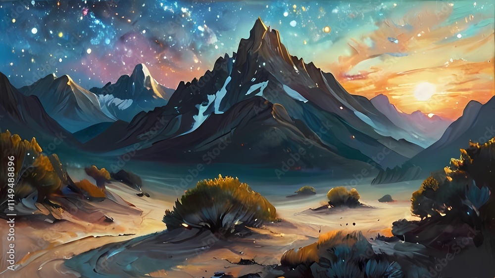 Obraz premium ゲーム背景 洞窟の先にある夕焼けのファンタジーワールド荒野風景の夕焼け