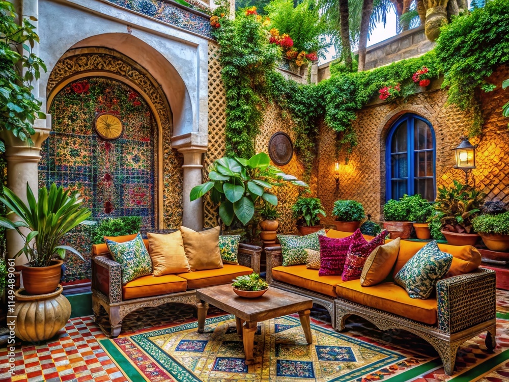 Fototapeta premium Panoramic View: Vibrant Moroccan Patio Design with Colorful Decor and Lush Greenery
