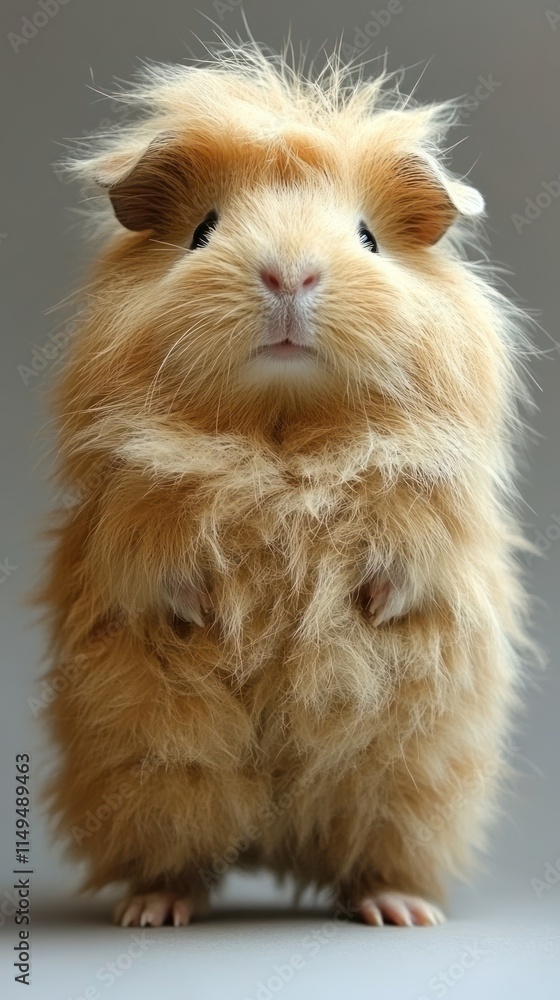 A fluffy, standing guinea pig with a vibrant orange coat, showcasing its adorable features. A fluffy, standing guinea pig with a vibrant orange coat, showcasing its adorable features.