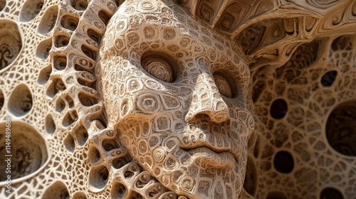 3D Rendered Stone Face, Intricate Carving, Geometric Patterns, Space-Time Bending, Abstract Sculpture photo