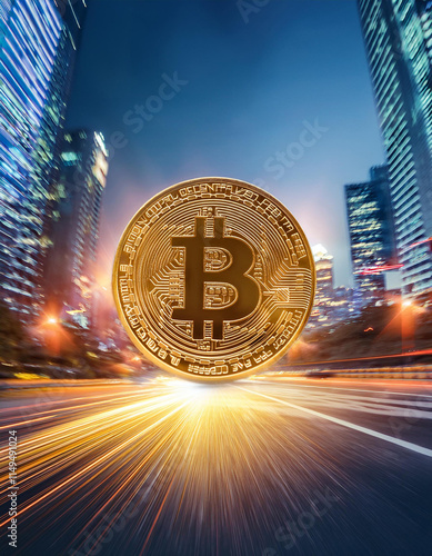 bitcoin on the road with city background and speed lines photo