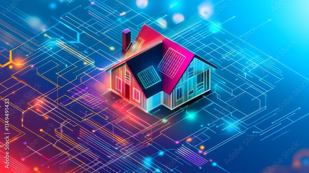 Fototapeta premium Futuristic Smart Home Concept with Solar Panels Surrounded by Digital Circuit Patterns, Representing Innovation and Technology in Modern Living Environments
