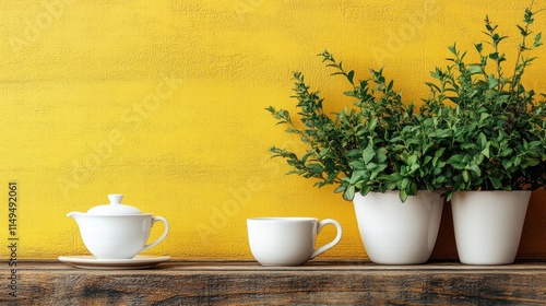 Wallpaper Mural Morning Tea with Greenery Against Yellow Wall Torontodigital.ca