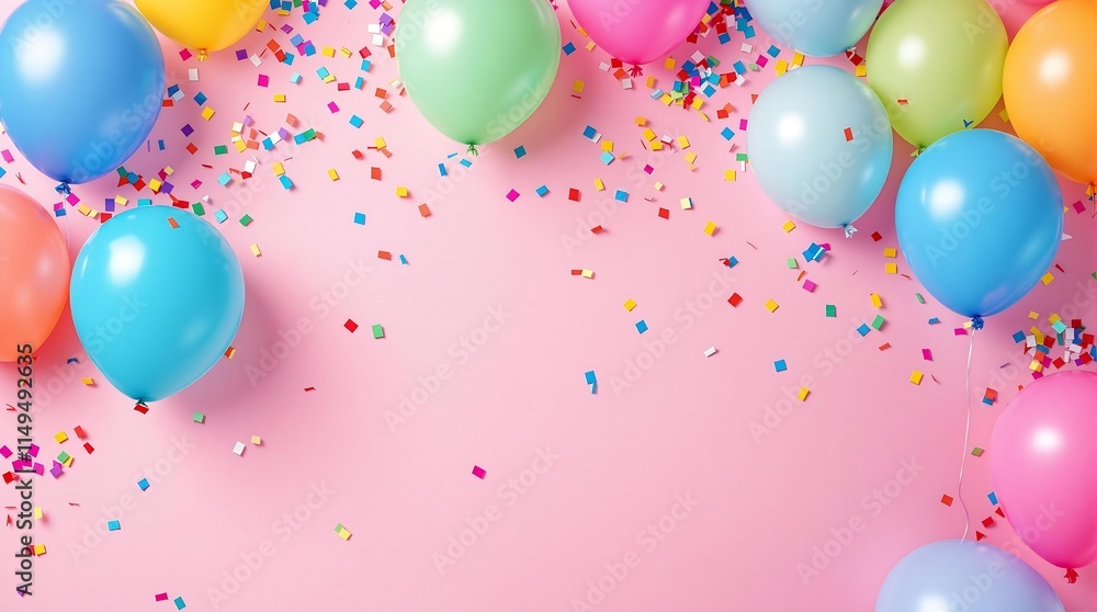 Colorful balloons and confetti on a pink background Colorful balloons and confetti on a pink background