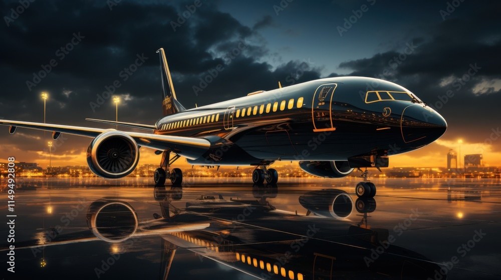 Luxurious private jet on gleaming runway at dusk. Luxurious private jet on gleaming runway at dusk.