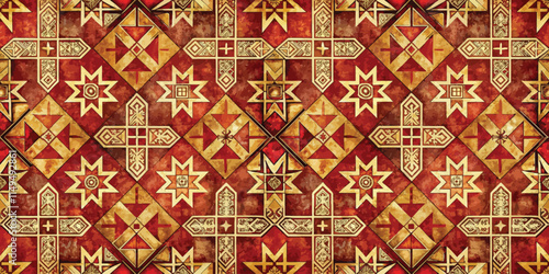 Intricate geometric pattern with warm red and earthy tones, creating a vibrant textile design.