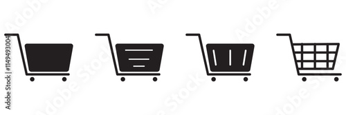 Shopping cart icon. Shopping trolley in outline. Web cart in line. Shop symbol in black. Trolley icon set. Stock vector illustration