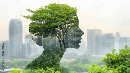 Woman Silhouette with Green Tree and Cityscape Double Exposure