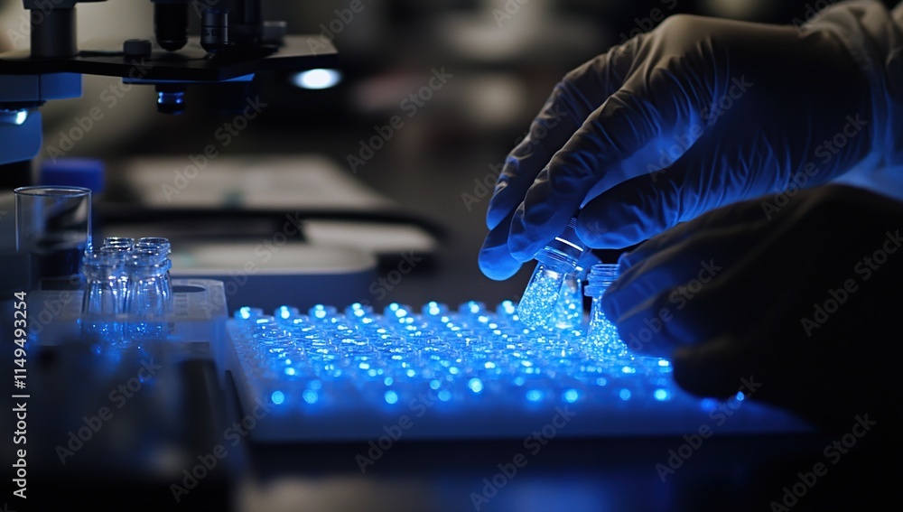 Scientist Carefully Places Samples into Illuminated Tray for Analysis in Lab Scientist Carefully Places Samples into Illuminated Tray for Analysis in Lab