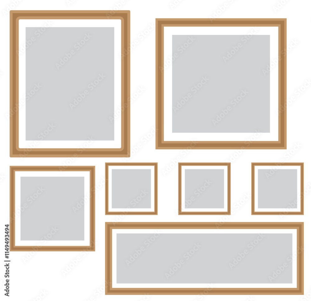 Black photo frame on wall. Square frame set. Blank pictures. Vector decoration element. Black photo frame on wall. Square frame set. Blank pictures. Vector decoration element.
